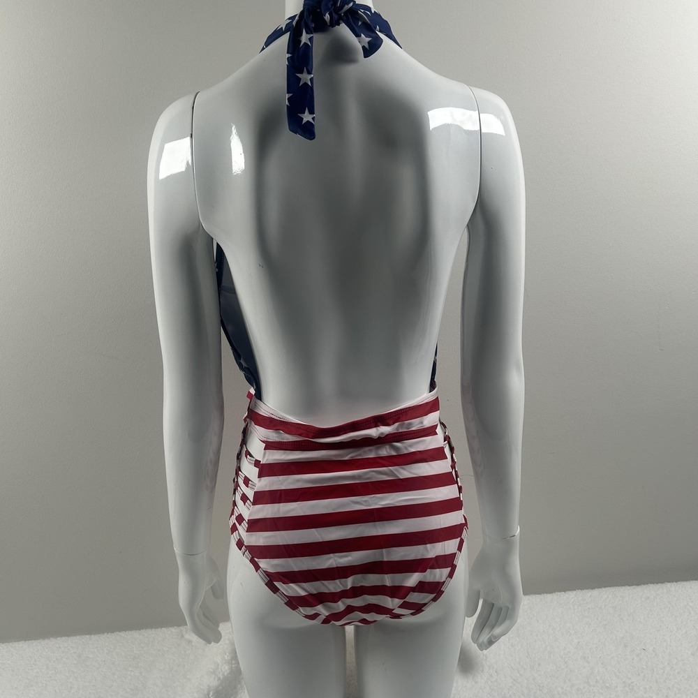 Aqua Eve Swimsuit Womens Medium USA Flag Star Stripe Halter One Piece Patriotic - Picture 10 of 13